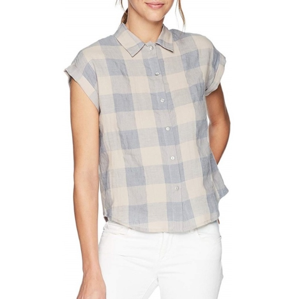 Lucky Brand Beige and Light Blue Plaid Button-Front Cap Sleeve Top